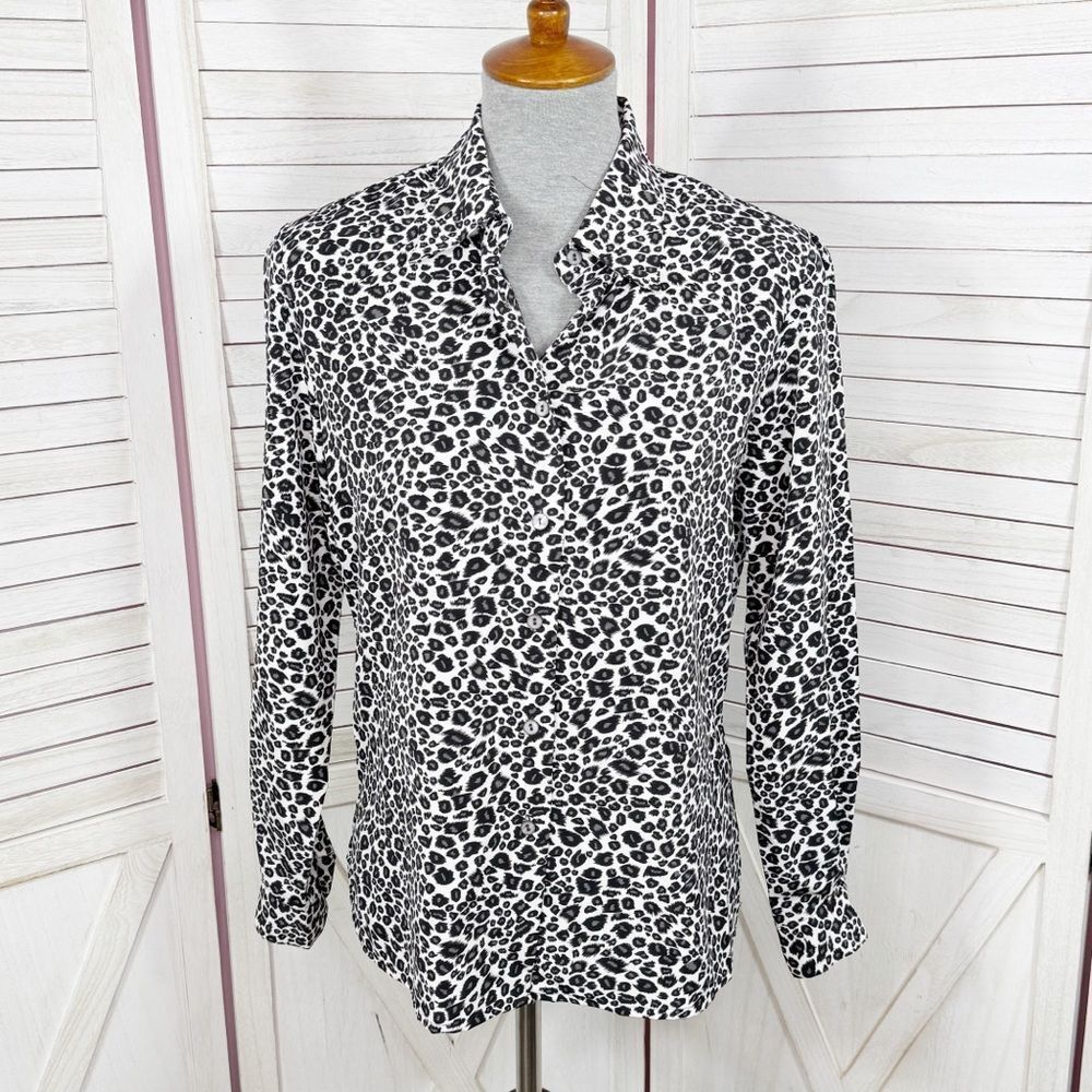 Notations Leopard Print Button Up Blouse White Black Small Long Sleeve Collared